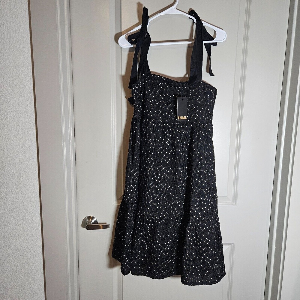 NWT THML Anthropologie Dress Medium Tie Strap Glitter Embroidered Black